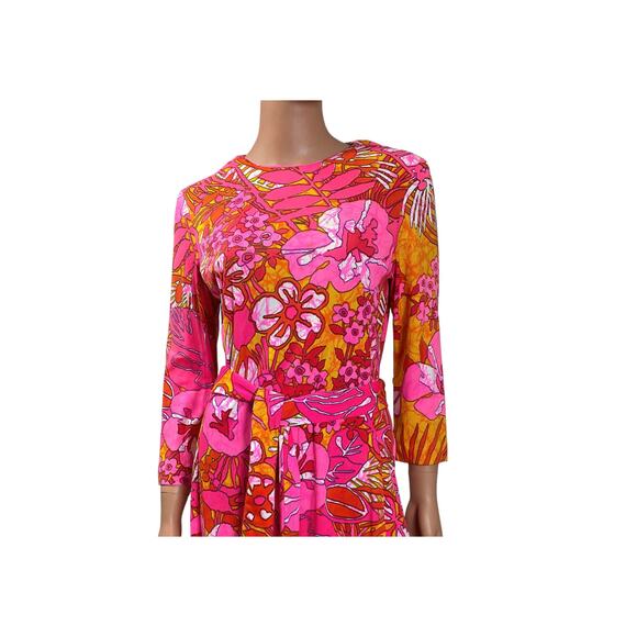 1960s Anika New York Stockholm Pinks & Oranges Floral Print Belted Dress - Picture 2 of 8